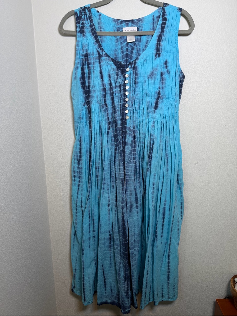 Soft Surroundings Blue and Navy Tie-Dye 100% Cotton Maxi Dress Flowy Size S